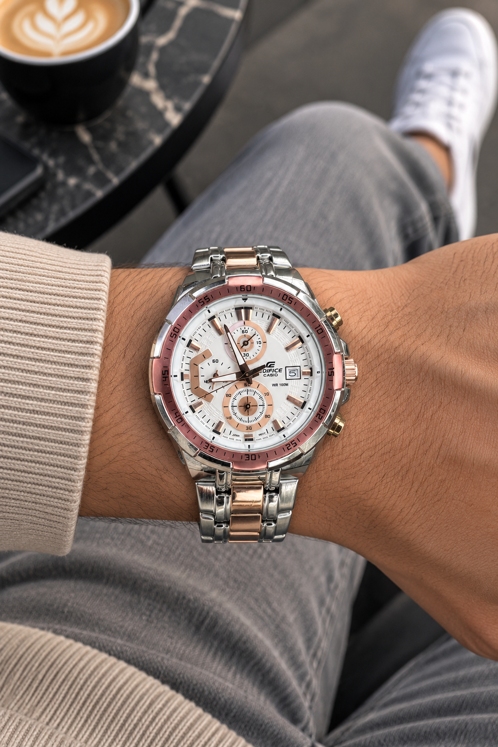 Edifice Chronograph Working Rose Gold Silver White Dial