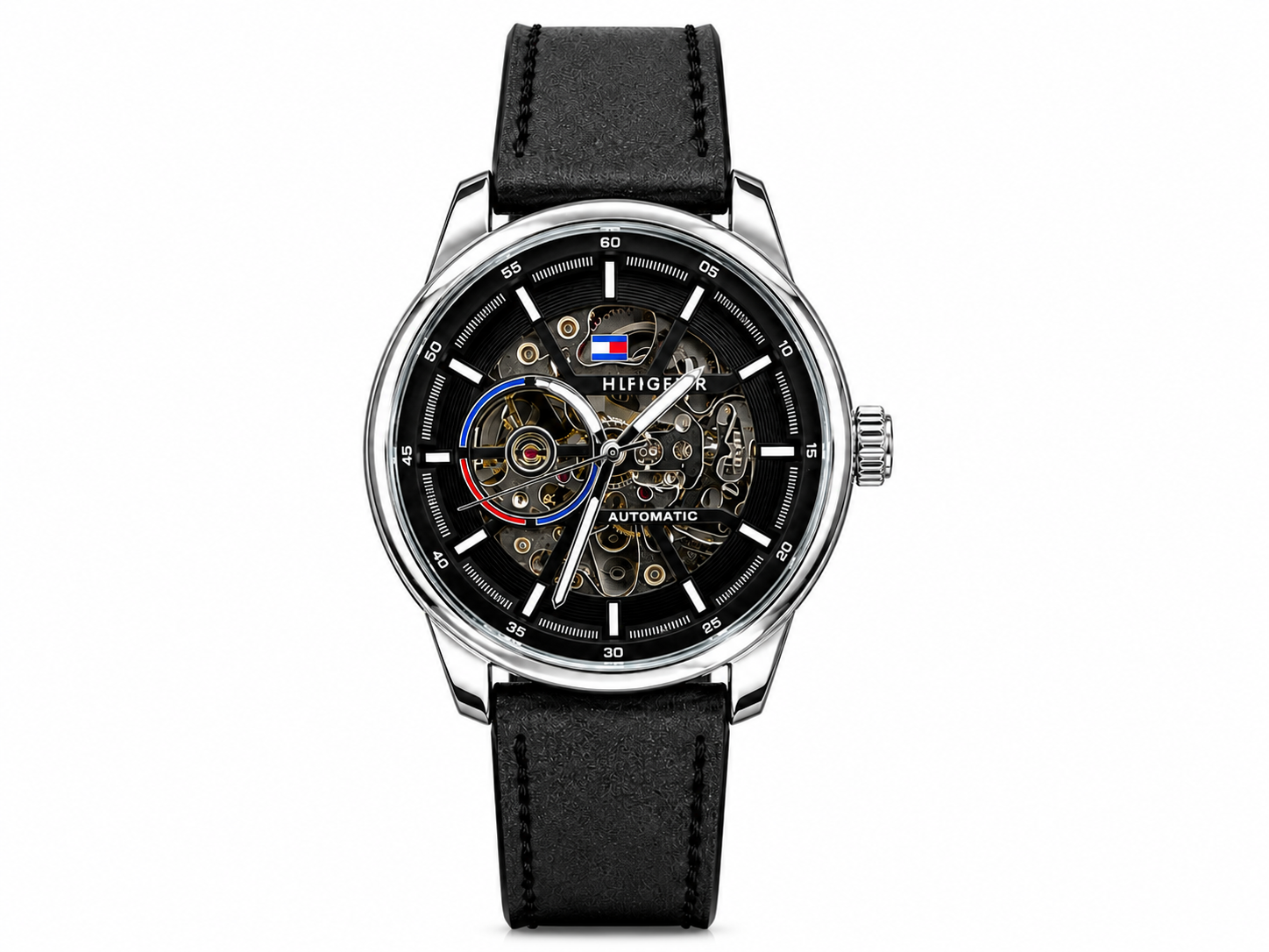 Tommy Hilfiger Automatic Leather Black Strap Silver Case With Black Dial