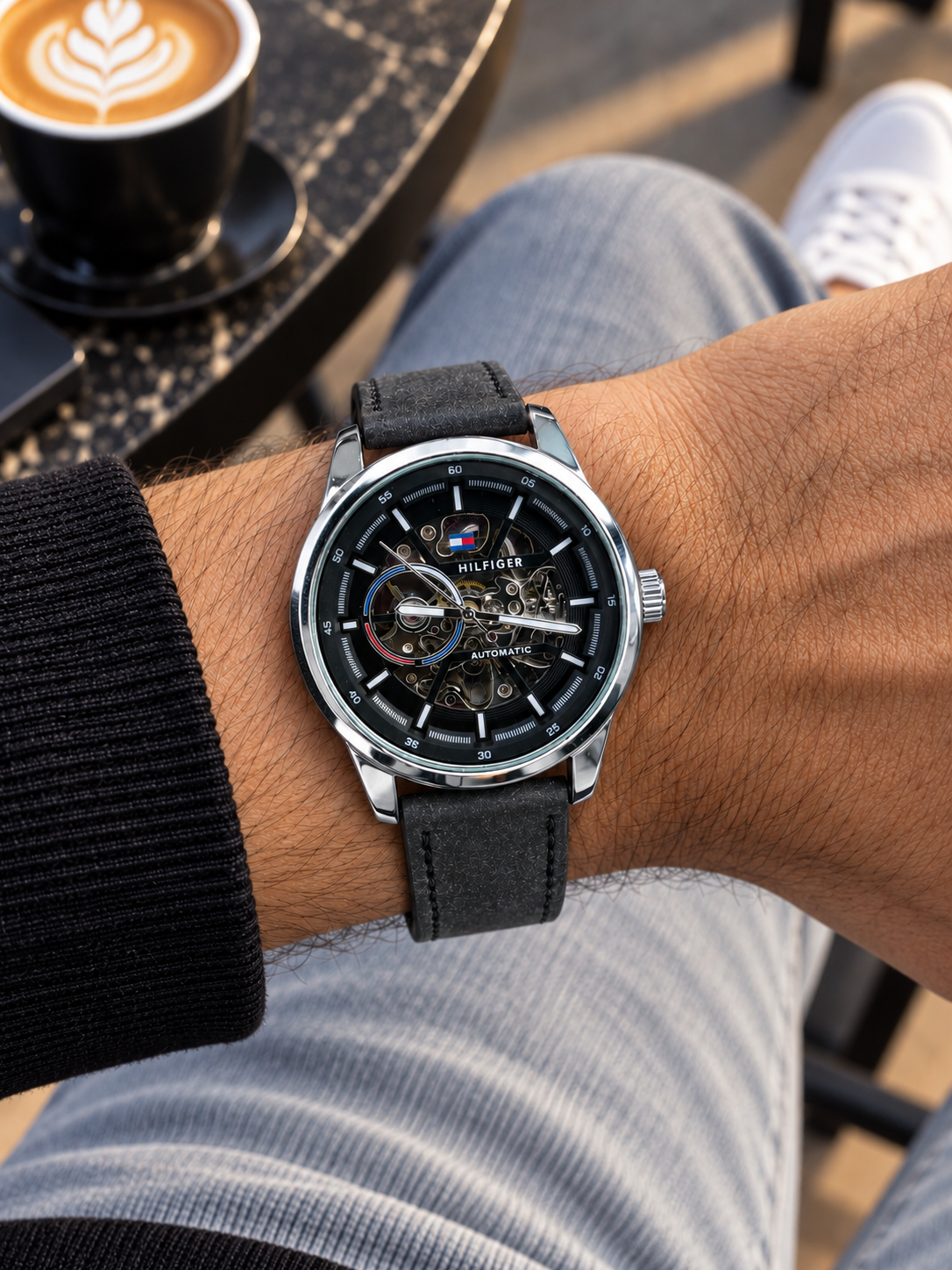 Tommy Hilfiger Automatic Leather Black Strap Silver Case With Black Dial