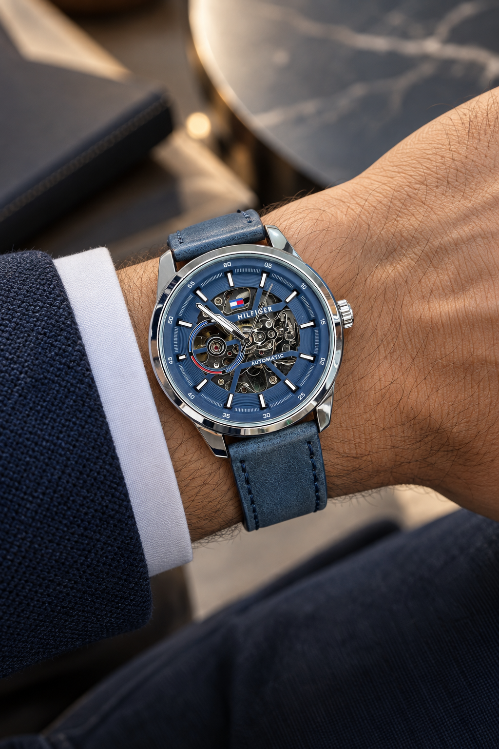 Tommy Hilfiger Automatic Leather Blue Strap Silver Case With Blue Dial