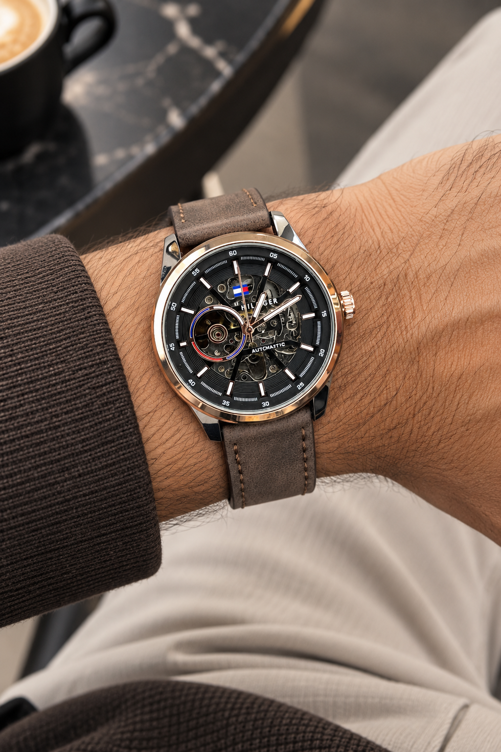 Tommy Hilfiger Automatic Leather Brown Strap Silver Rosegold Case With Black Dial