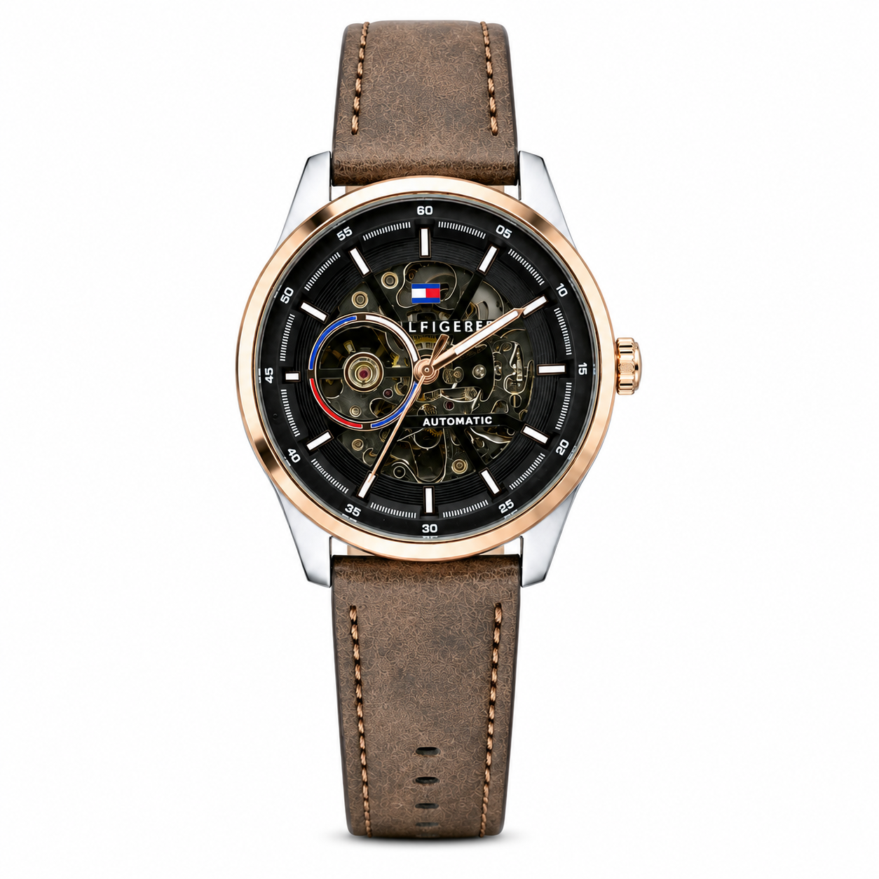 Tommy Hilfiger Automatic Leather Brown Strap Silver Rosegold Case With Black Dial