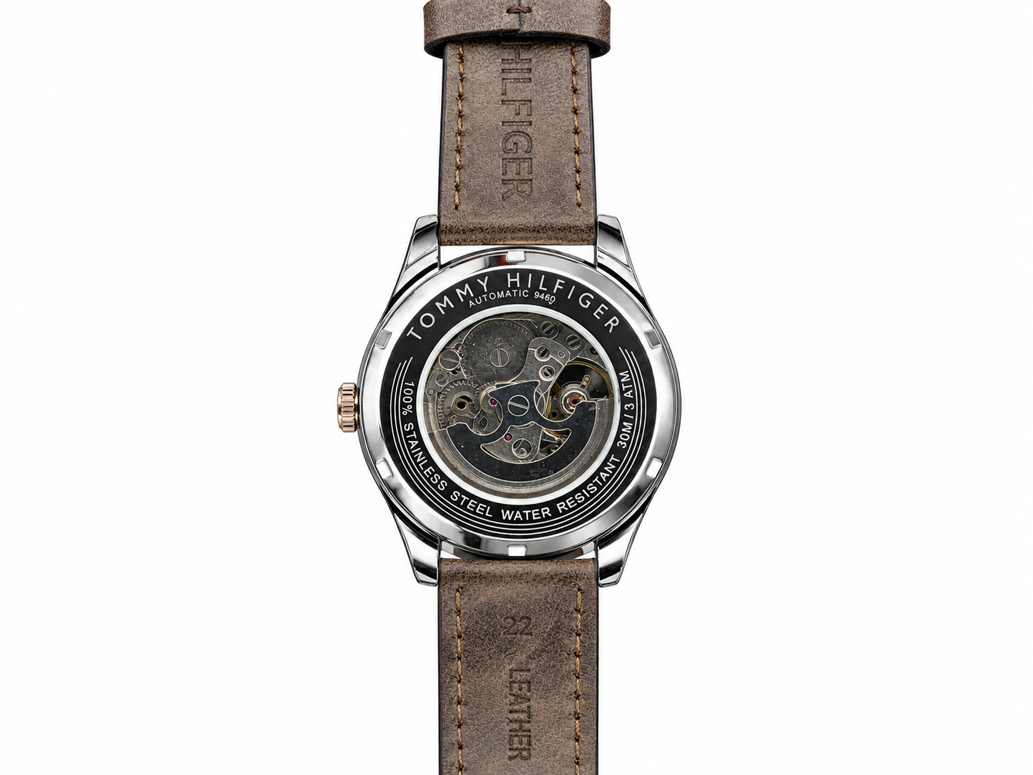 Tommy Hilfiger Automatic Leather Brown Strap Silver Rosegold Case With Black Dial