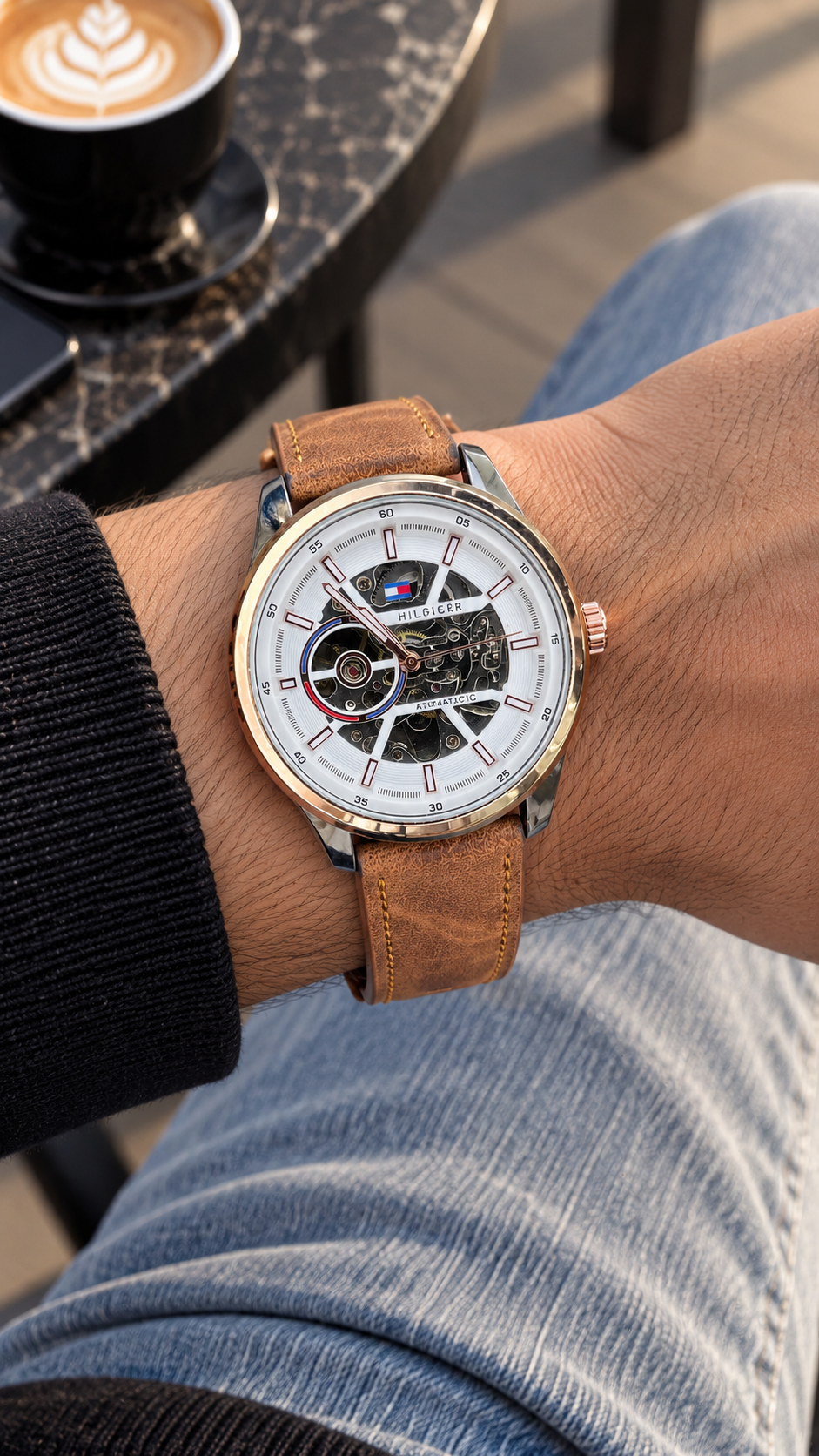 Tommy Hilfiger Automatic Leather Tan Brown Strap Silver Rosegold Case With White Dial