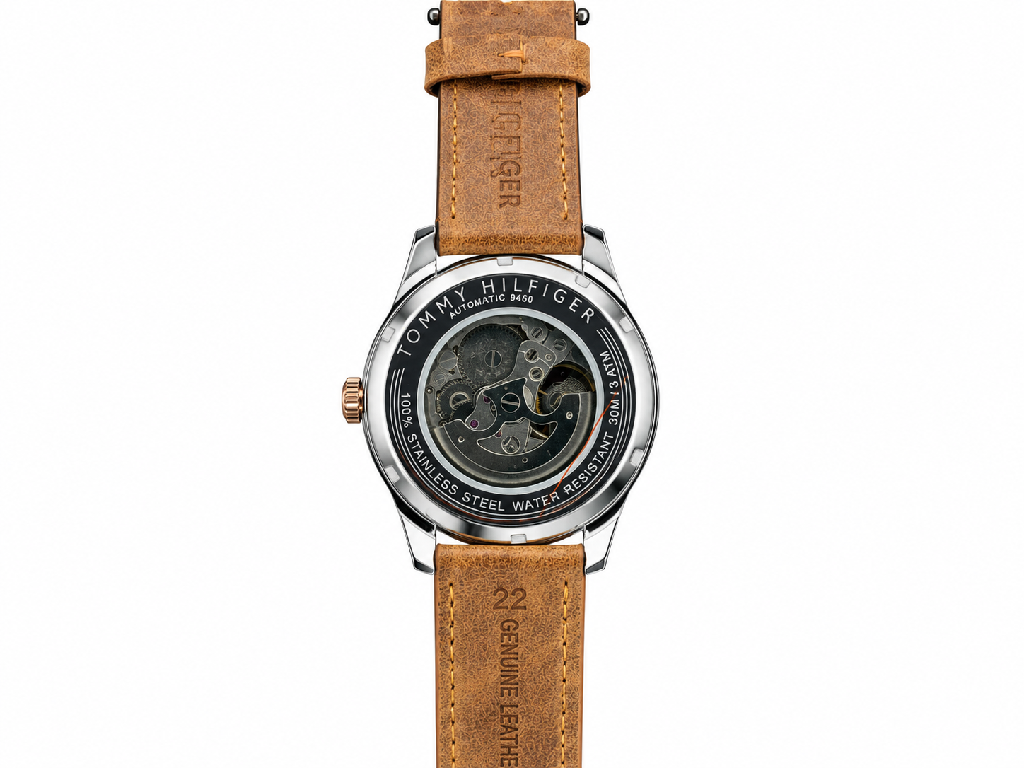 Tommy Hilfiger Automatic Leather Tan Brown Strap Silver Rosegold Case With White Dial