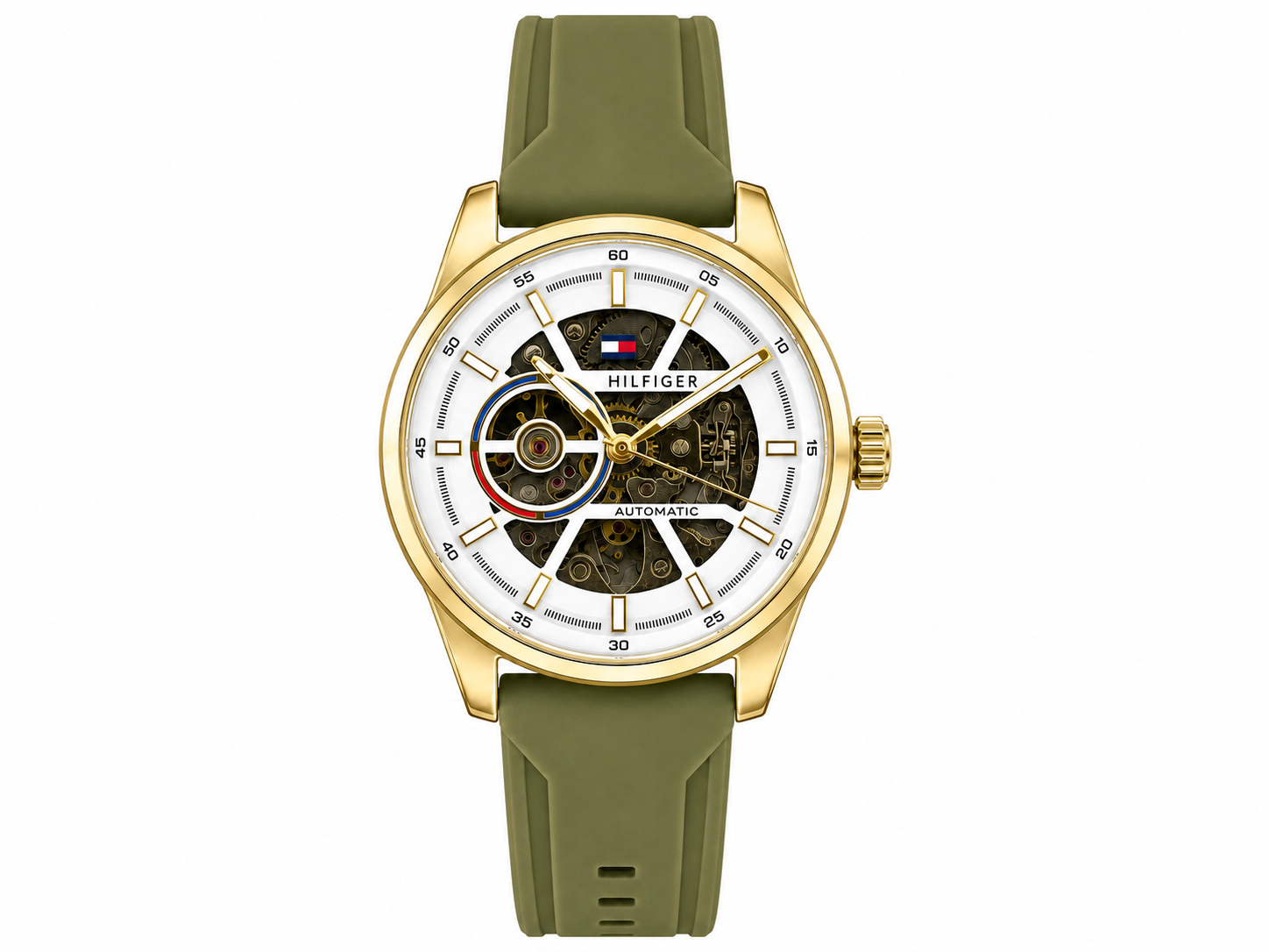 Tommy Hilfiger Automatic Silicone Olive Green Strap Gold Case With White Dial