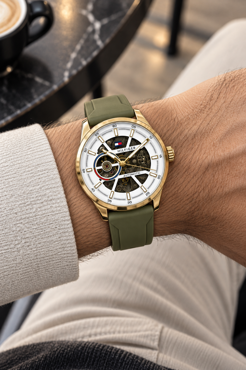 Tommy Hilfiger Automatic Silicone Olive Green Strap Gold Case With White Dial