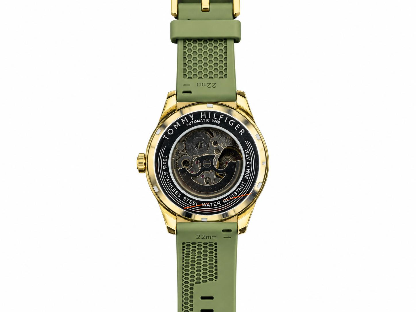 Tommy Hilfiger Automatic Silicone Olive Green Strap Gold Case With White Dial