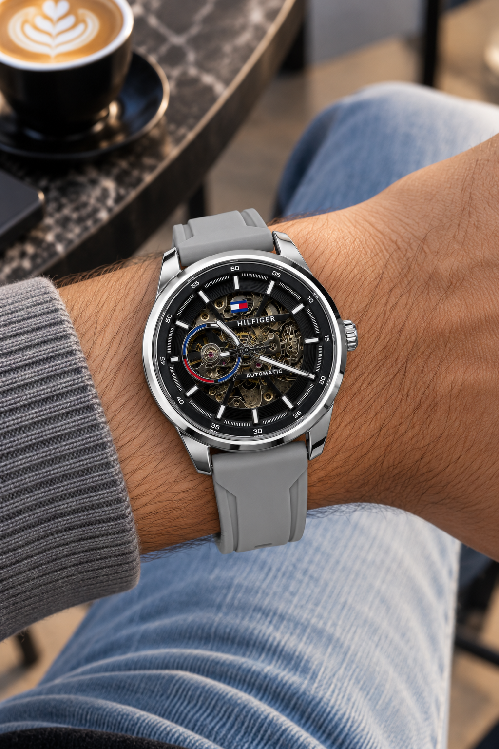 Tommy Hilfiger Automatic Silicone Grey Strap Silver Case With Black Dial
