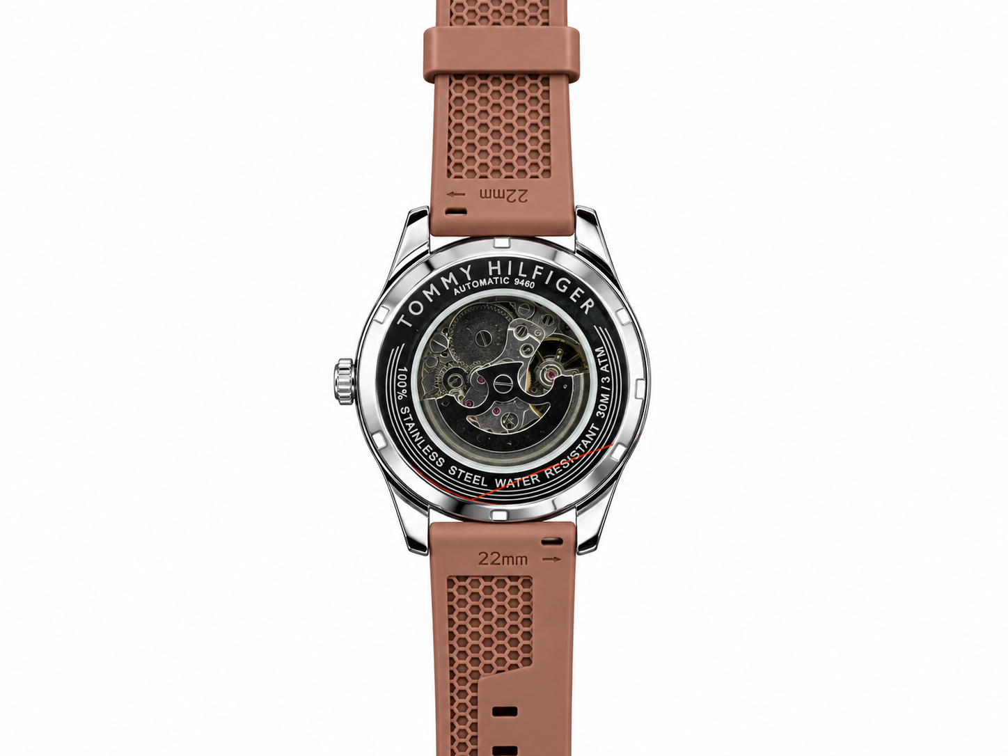 Tommy Hilfiger Automatic Silicone Brown Strap Silver Case With Black Dial