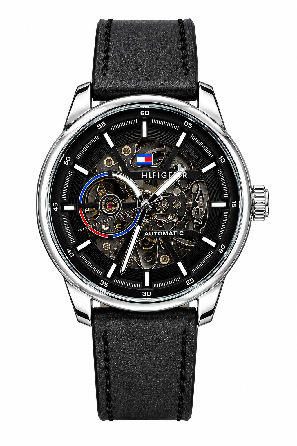 Tommy Hilfiger Automatic Leather Black Strap Silver Case With Black Dial