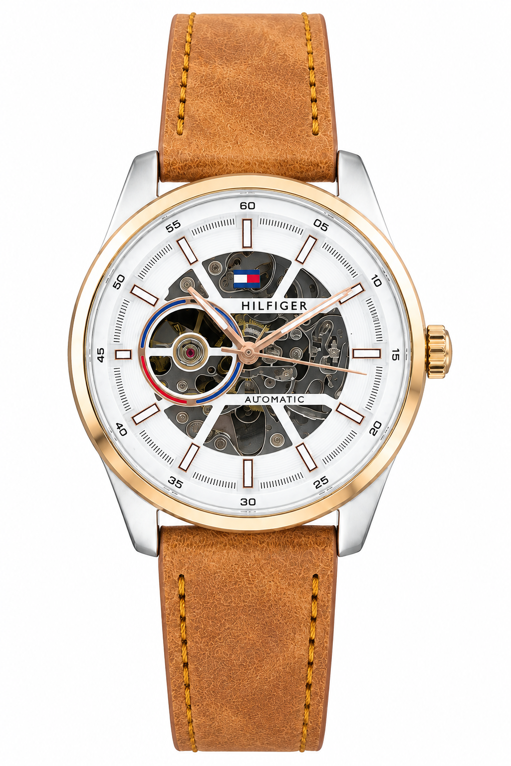 Tommy Hilfiger Automatic Leather Tan Brown Strap Silver Rosegold Case With White Dial