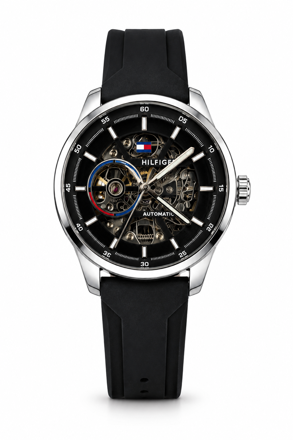 Tommy Hilfiger Automatic Silicone Black Strap Silver Case With Black Dial