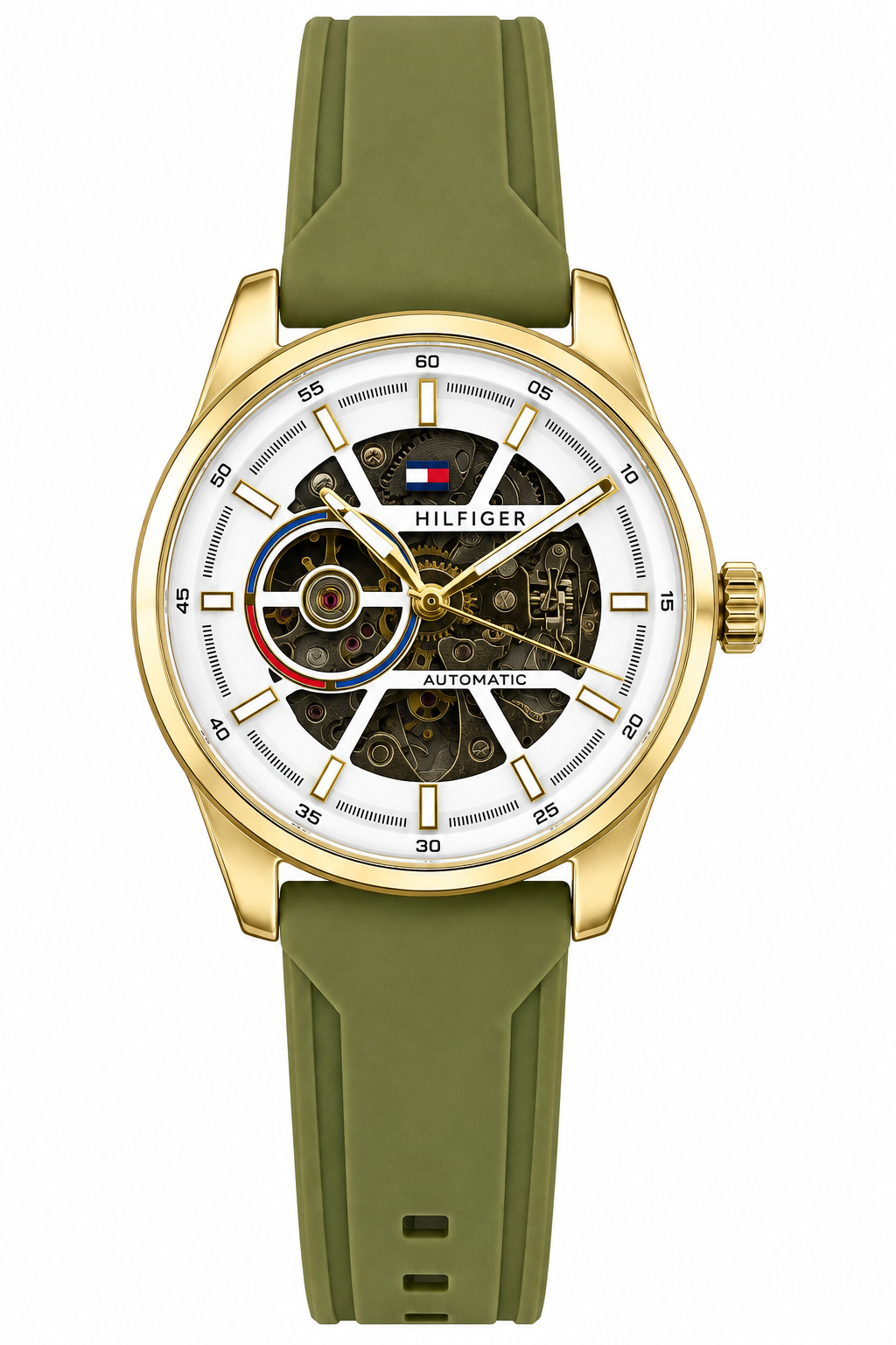 Tommy Hilfiger Automatic Silicone Olive Green Strap Gold Case With White Dial