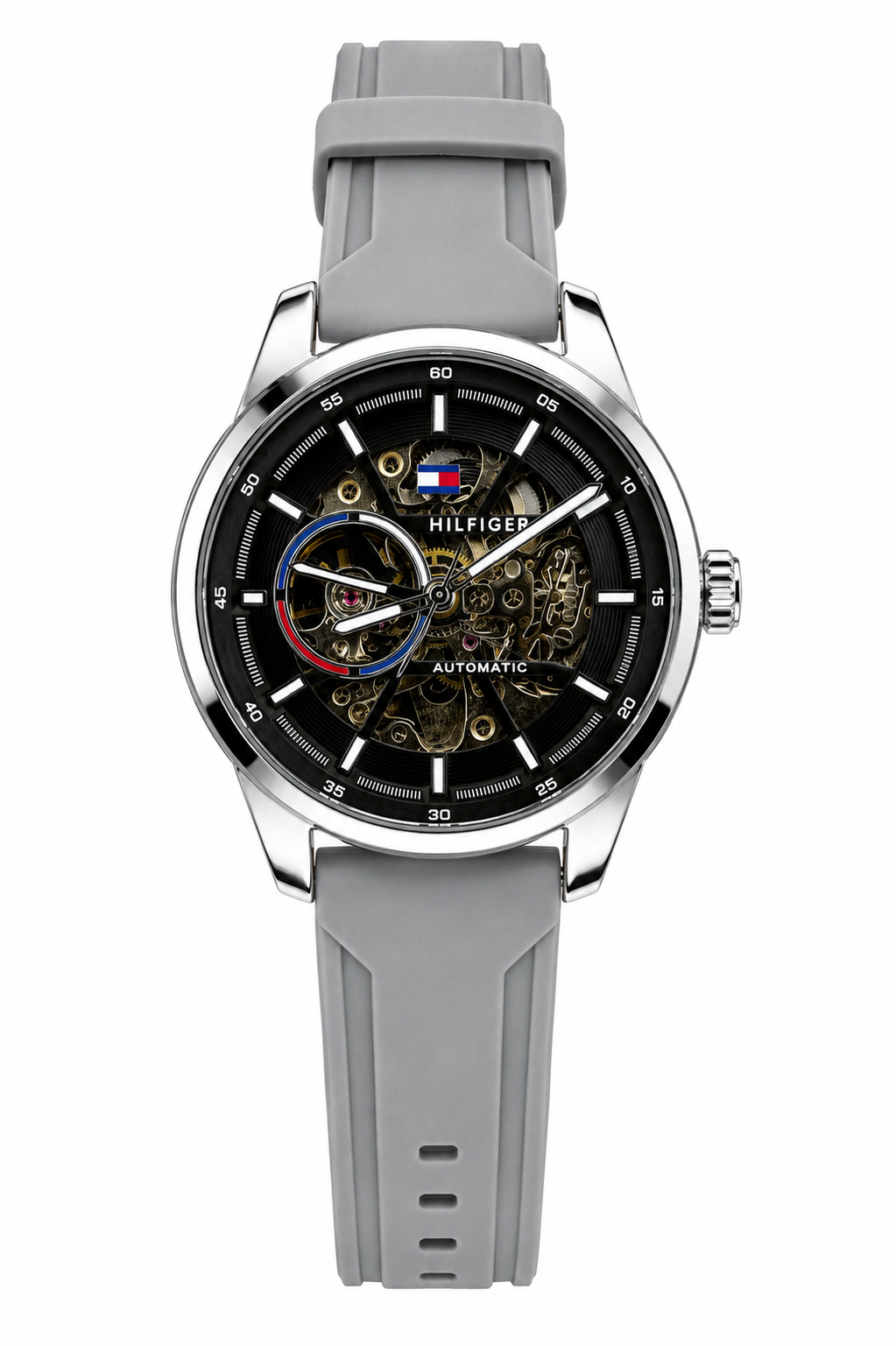 Tommy Hilfiger Automatic Silicone Grey Strap Silver Case With Black Dial