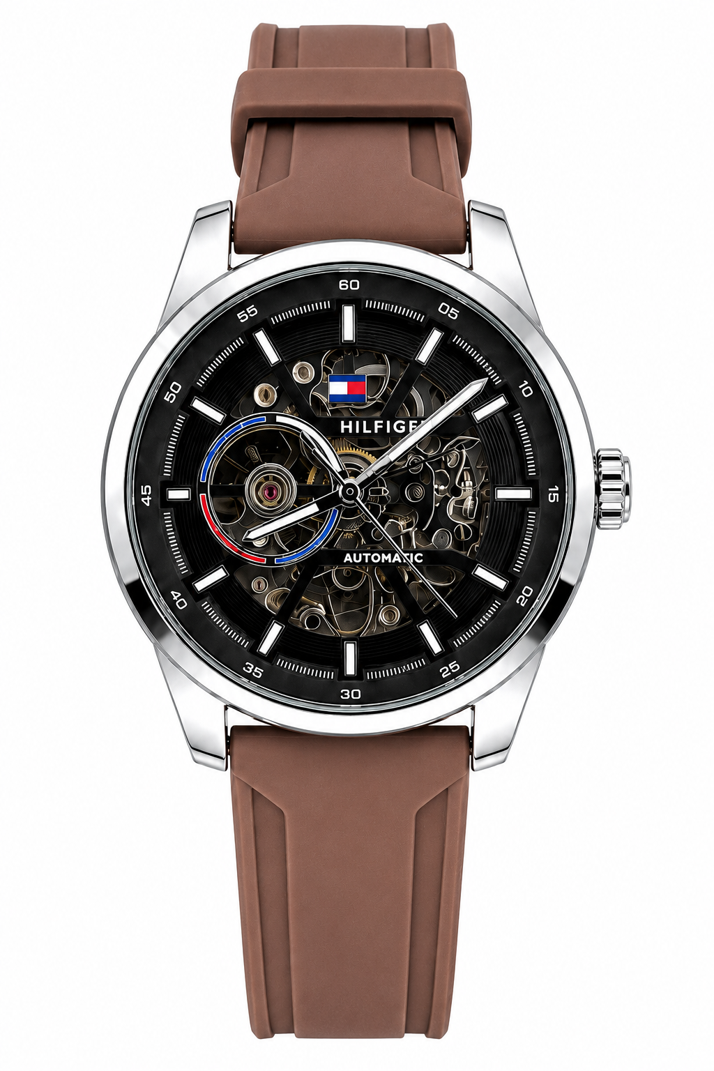 Tommy Hilfiger Automatic Silicone Brown Strap Silver Case With Black Dial